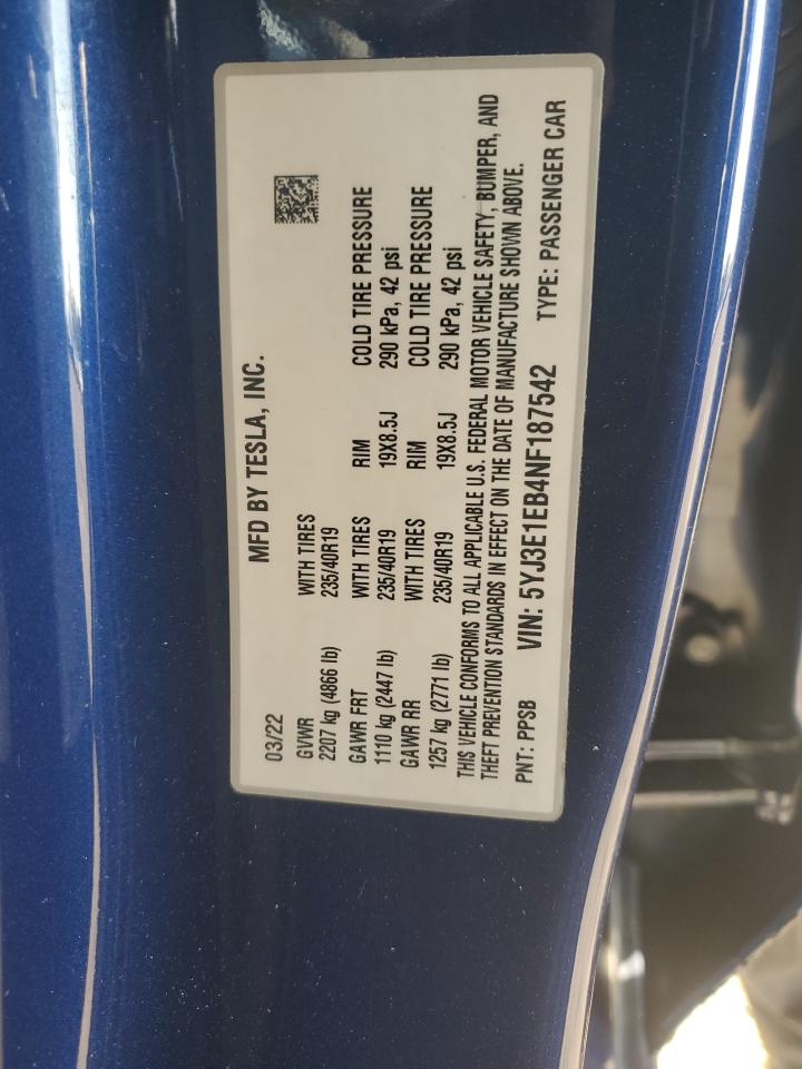 2022 Tesla Model 3 VIN: 5YJ3E1EB4NF187542 Lot: 44578405