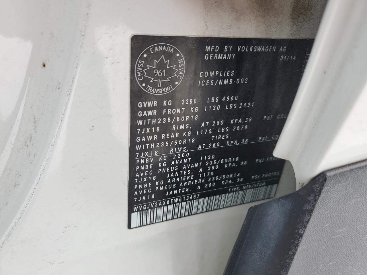 2014 Volkswagen Tiguan S VIN: WVGJV3AX6EW613467 Lot: 44541065