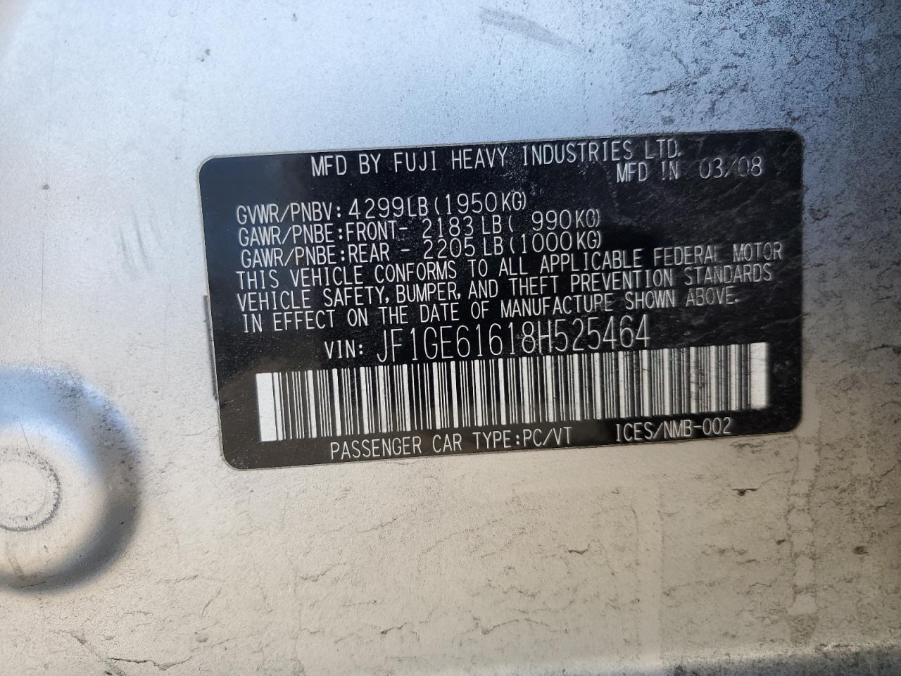 2008 Subaru Impreza 2.5I VIN: JF1GE61618H525464 Lot: 44151085