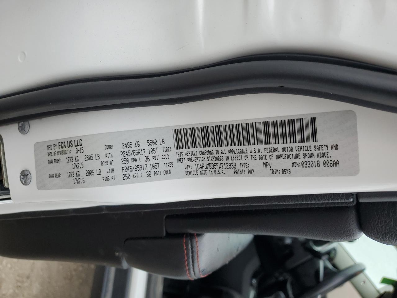 2015 Jeep Cherokee Trailhawk VIN: 1C4PJMBB5FW712933 Lot: 45844265