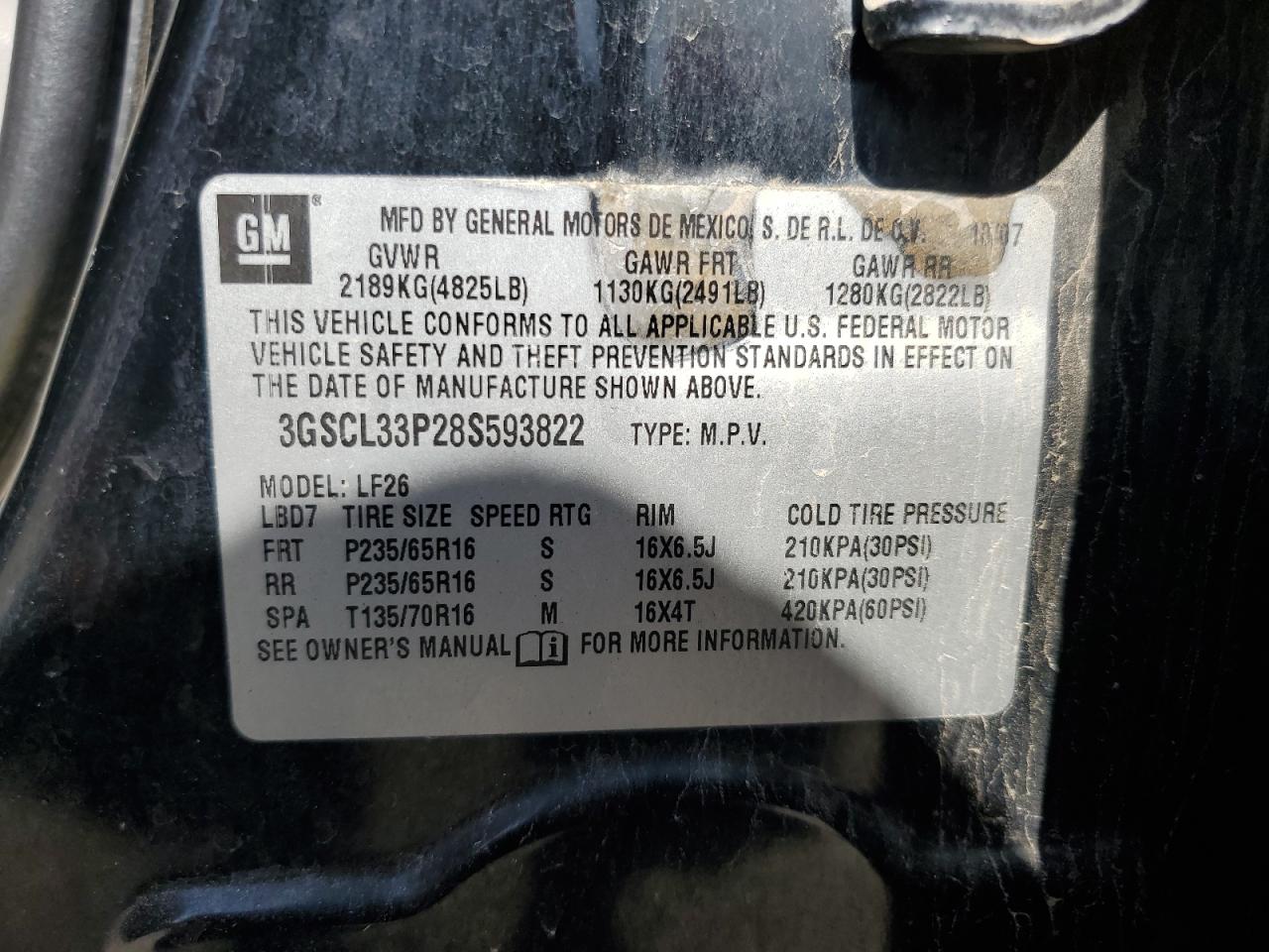 2008 Saturn Vue VIN: 1GSCL33P28S593822 Lot: 46295285