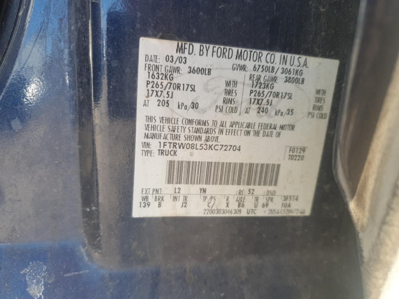 2003 Ford F150 Supercrew VIN: 1FTRW01L53KC72704 Lot: 44221015