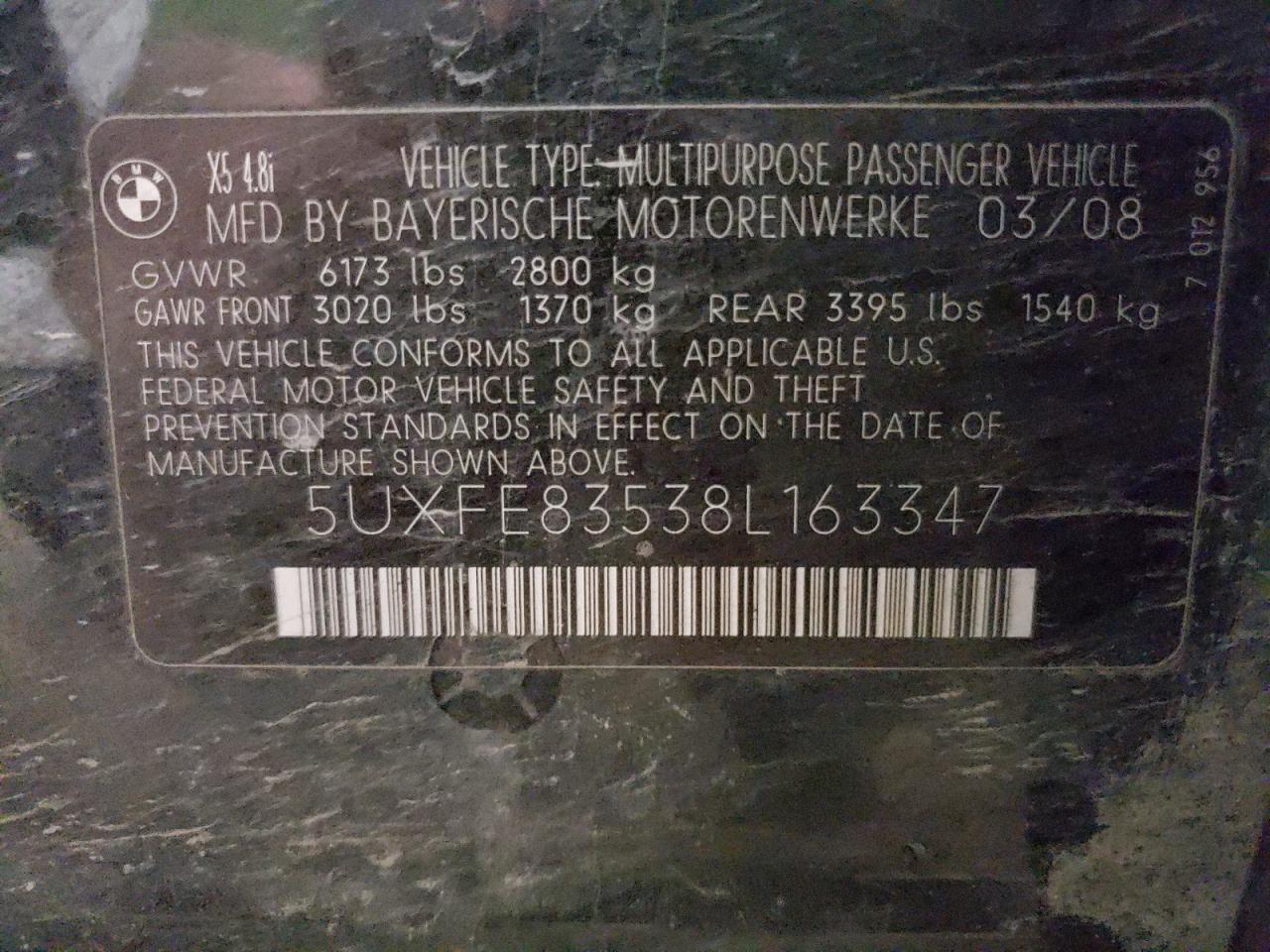2008 BMW X5 4.8I VIN: 5UXFE83538L163347 Lot: 44464385