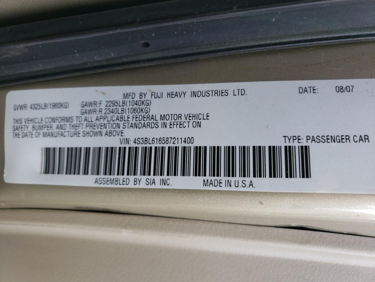 2008 Subaru Legacy 2.5I VIN: 4S3BL616587211400 Lot: 44175935
