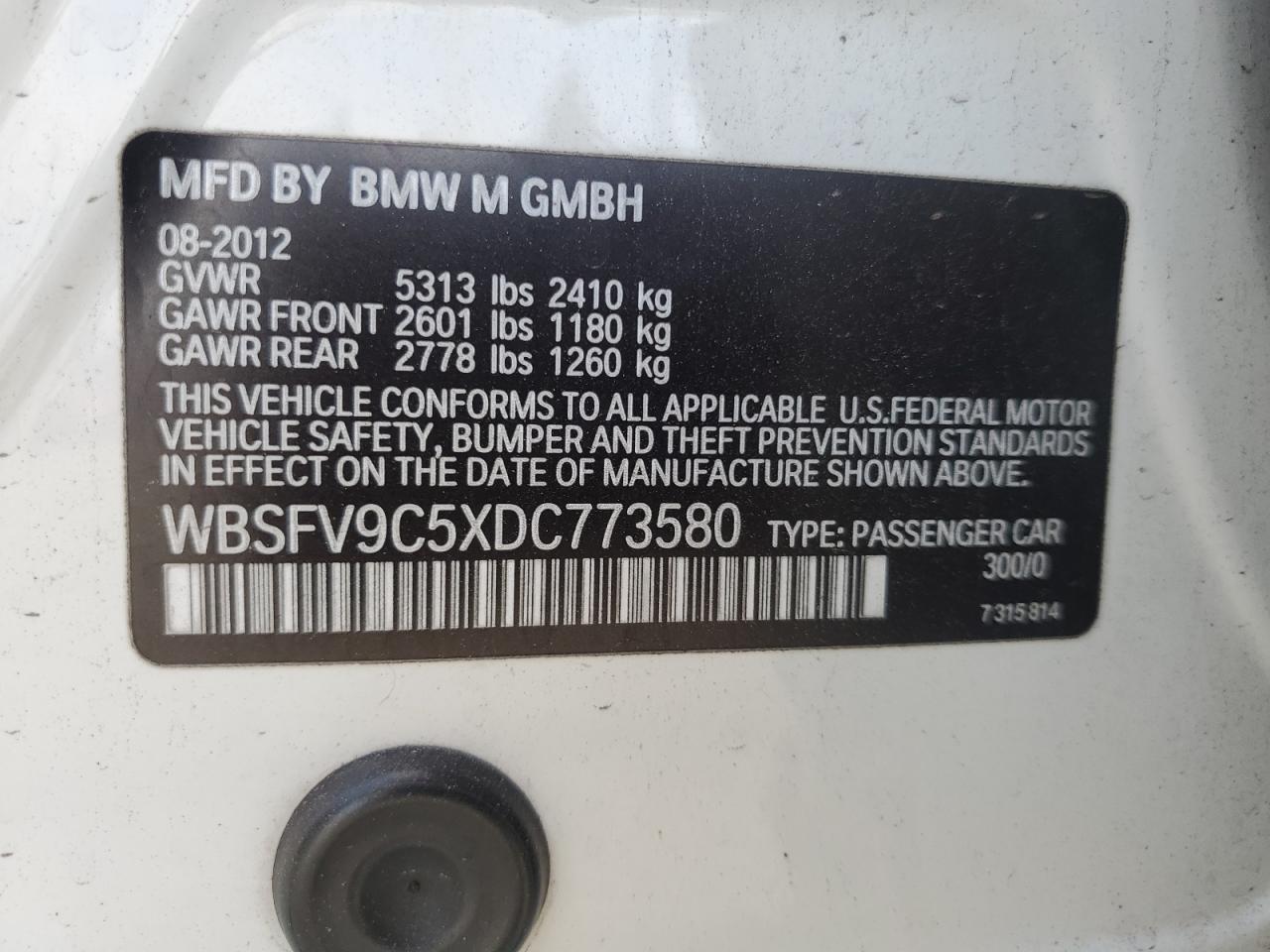 2013 BMW M5 VIN: WBSFV9C5XDC773580 Lot: 44001485