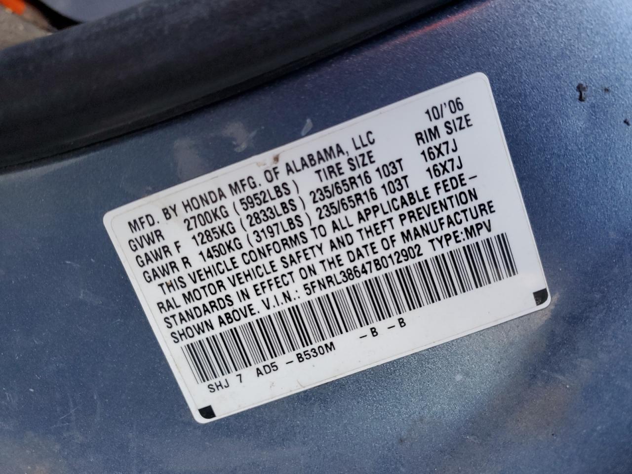 2007 Honda Odyssey Exl VIN: 5FNRL38647B012902 Lot: 45997565