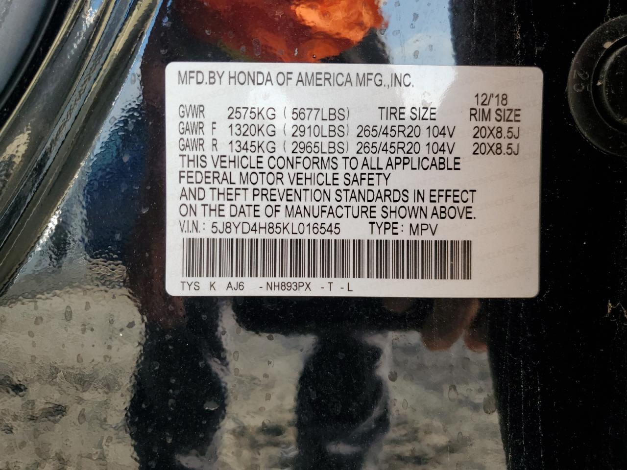 2019 Acura Mdx Advance VIN: 5J8YD4H85KL016545 Lot: 43835585