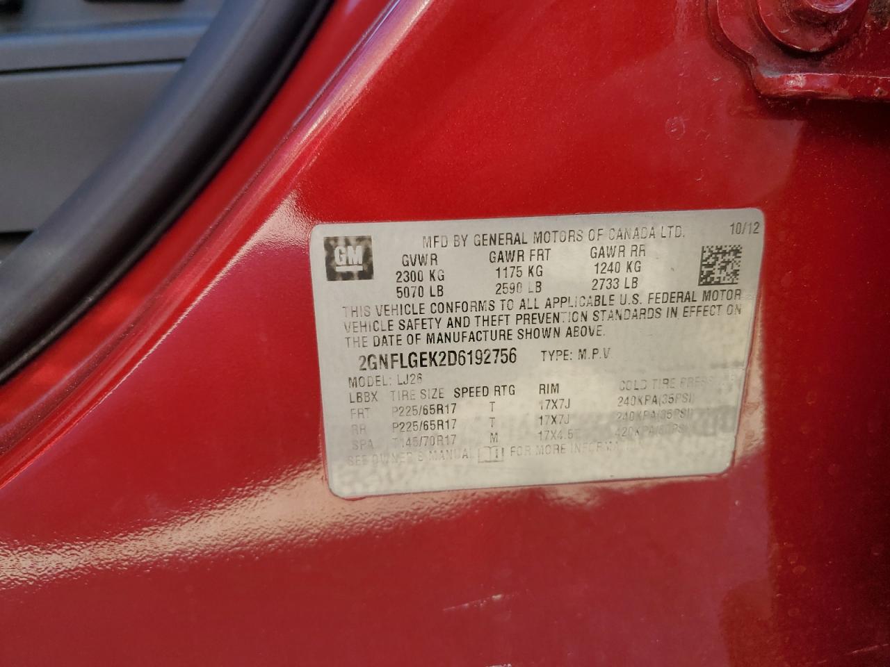 2013 Chevrolet Equinox Ltz VIN: 2GNFLGEK2D6192756 Lot: 46819795