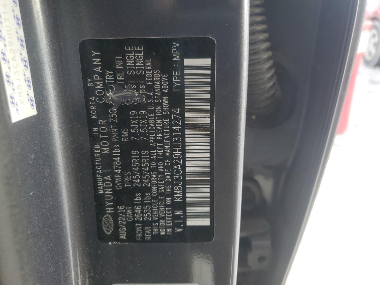 km8j3ca29hu314274 KM8J3CA29HU314274 2017 Hyundai Tucson Limited