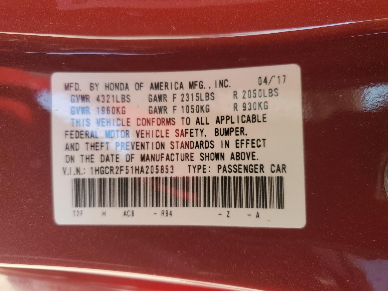 2017 Honda Accord Sport VIN: 1HGCR2F51HA205853 Lot: 46490875