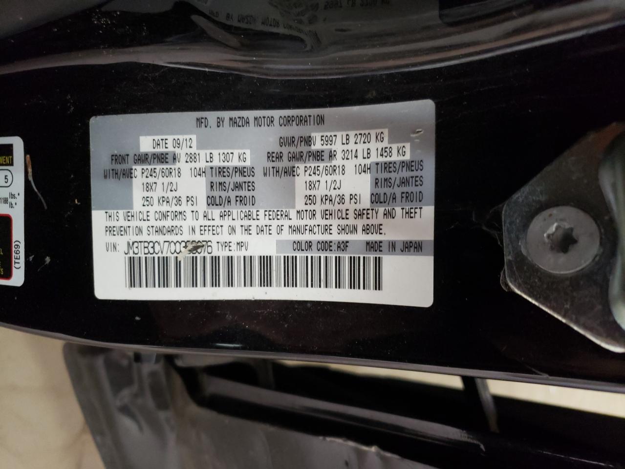 2012 Mazda Cx-9 VIN: JM3TB3CV7C0369076 Lot: 46522635