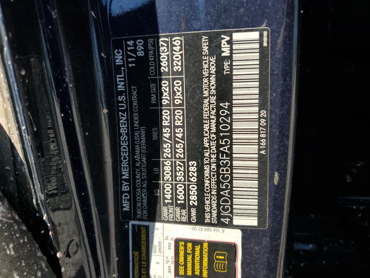 2015 Mercedes-Benz Ml 400 4Matic VIN: 4JGDA5GB3FA510294 Lot: 47539715