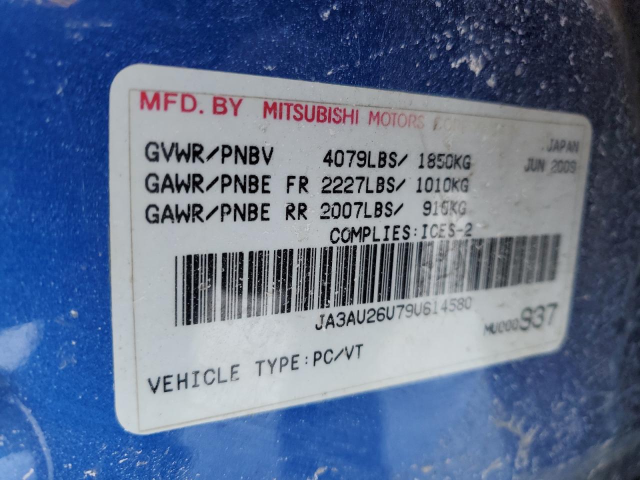 2009 Mitsubishi Lancer Es/Es Sport VIN: JA3AU86U79UU61458 Lot: 44318895