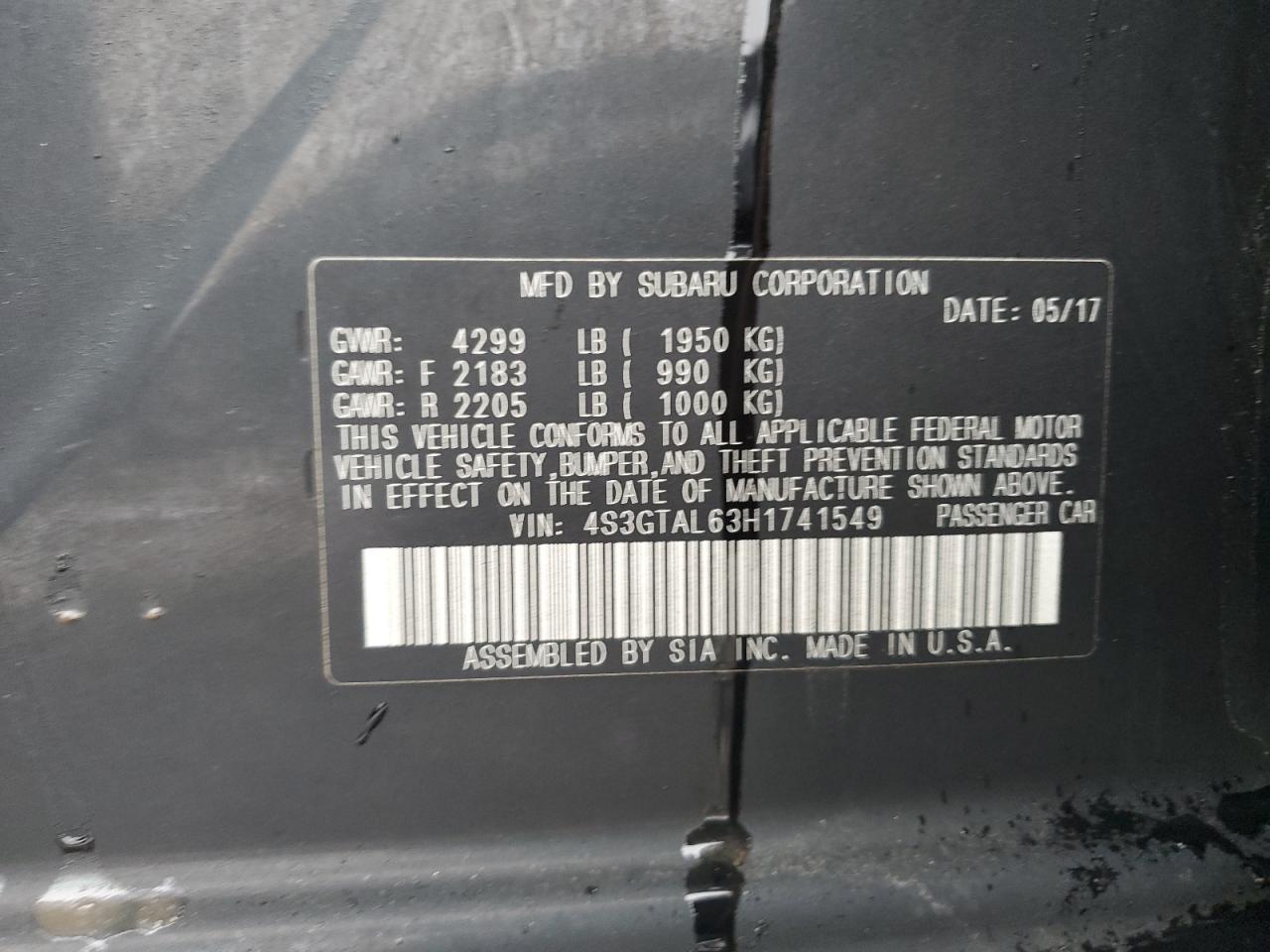 2017 Subaru Impreza Sport VIN: 4S3GTAL63H1741549 Lot: 53870615
