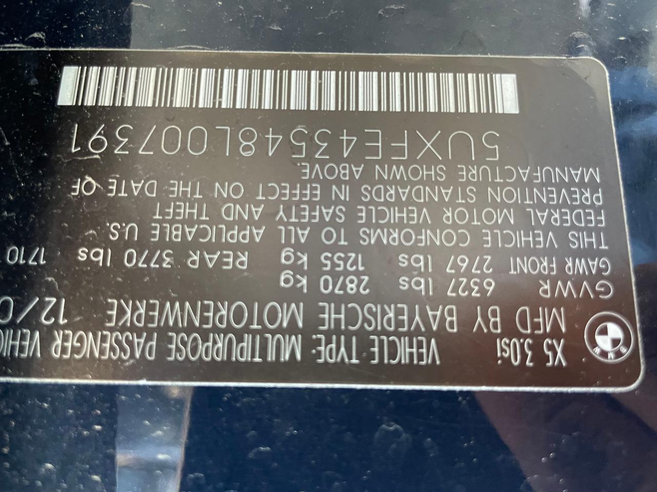 2008 BMW X5 3.0I VIN: 5UXFE43538L007391 Lot: 46553245