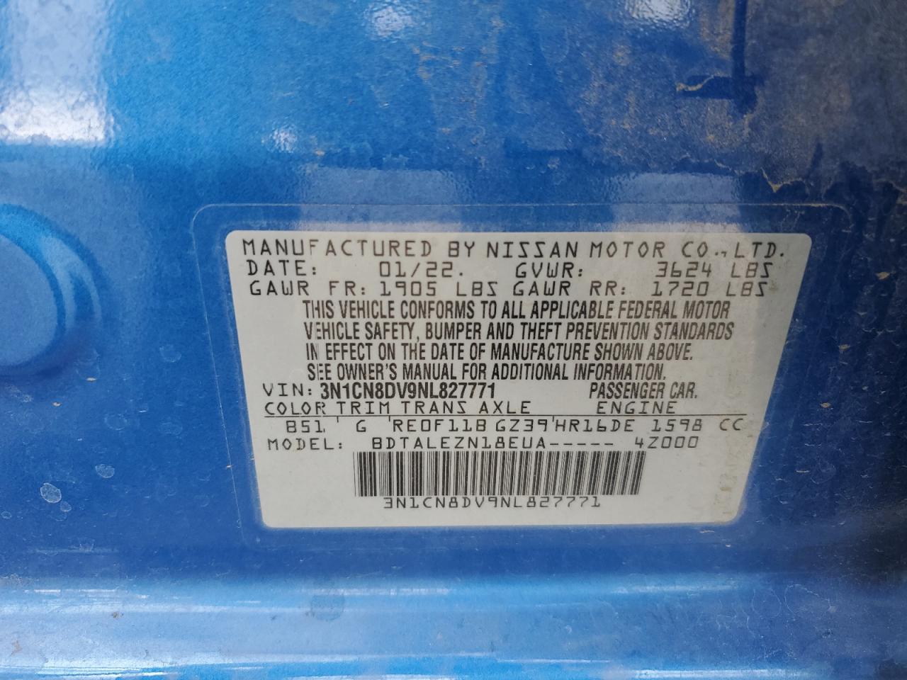 2022 Nissan Versa S VIN: 3N1CN8DV9NL827771 Lot: 46267945