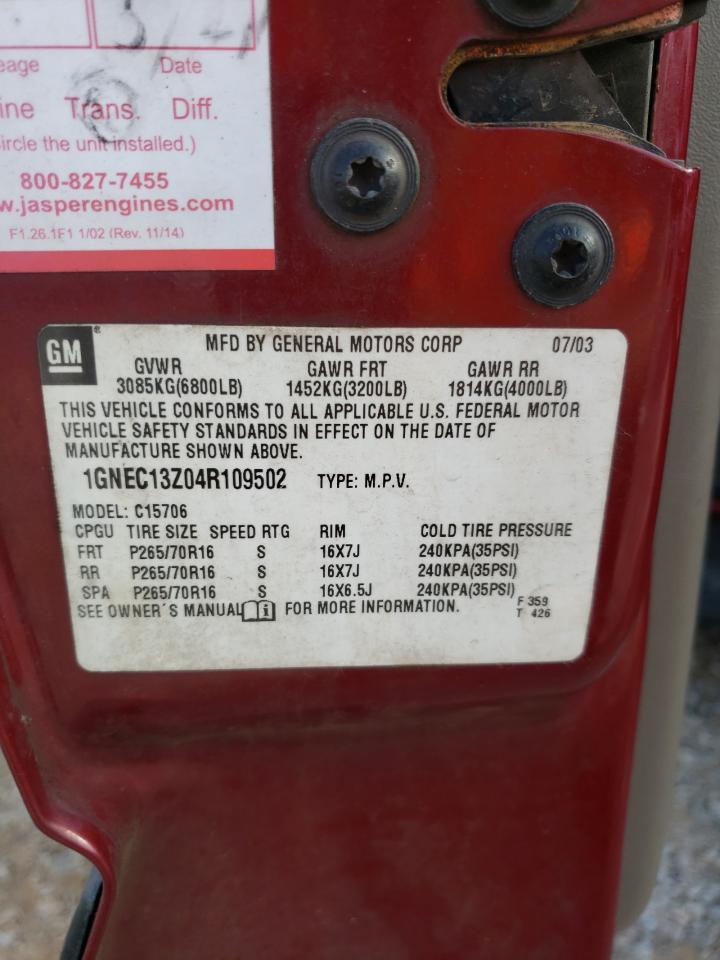 2004 Chevrolet Tahoe C1500 VIN: 1GNEC13Z04R109502 Lot: 45106965