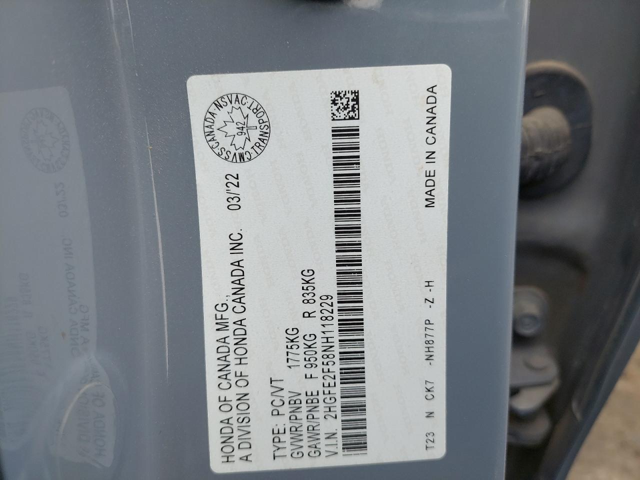 2HGFE2F58NH118229 - 2022 Honda CIVIC - #45819415