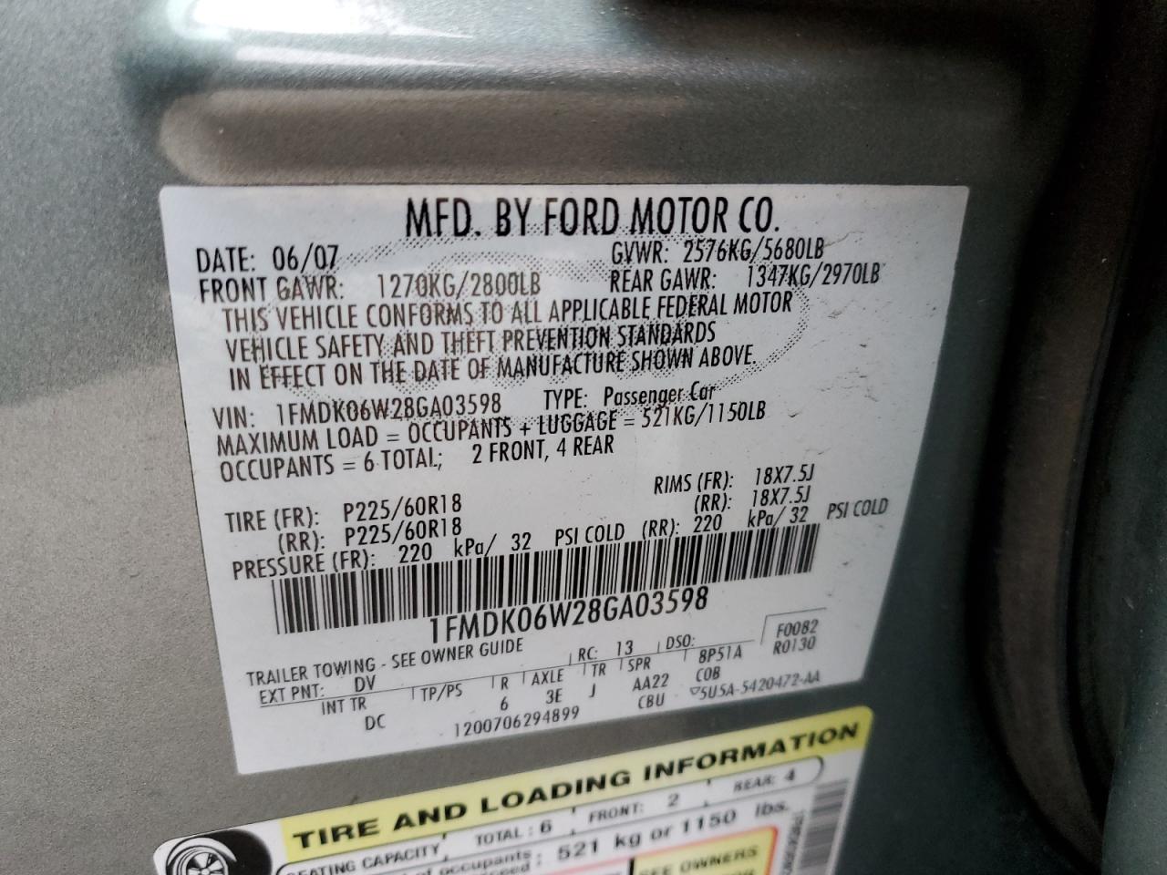 2008 Ford Taurus X Limited VIN: 1FMDK06W28GA03598 Lot: 45763065