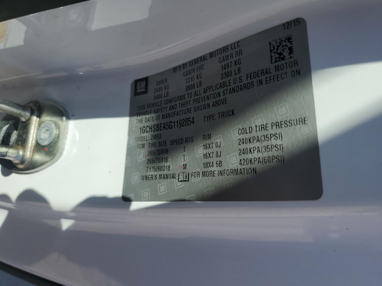 2016 Chevrolet Colorado VIN: 1GCHSBEA5G1192854 Lot: 43579225