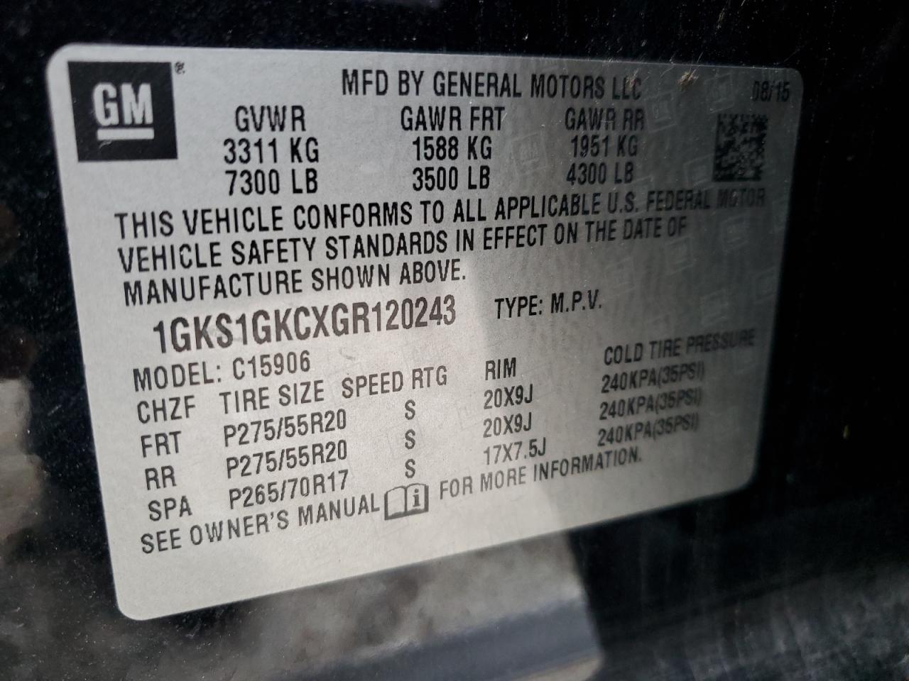 2016 GMC Yukon Xl C1500 Slt VIN: 1GKS1GKCXGR120243 Lot: 45690725