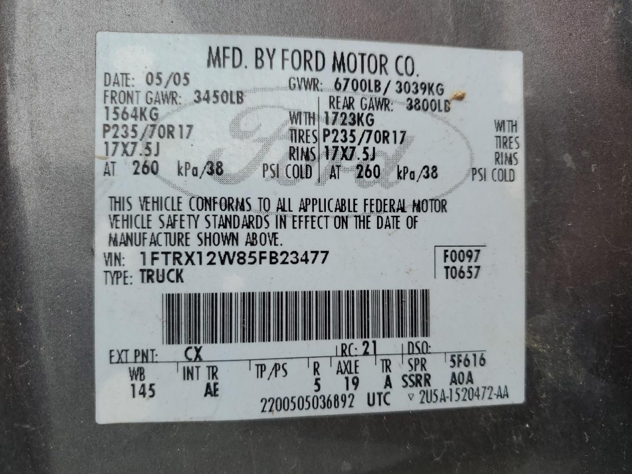 2005 Ford F150 VIN: 1FTRX12W85FB23477 Lot: 42804935