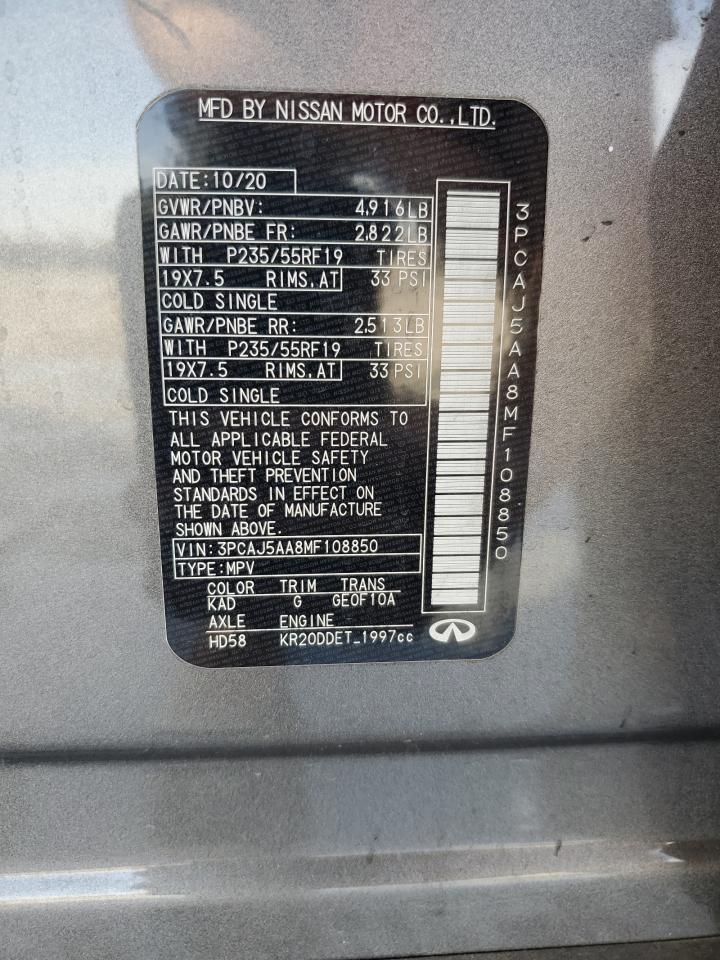 2021 Infiniti Qx50 Pure VIN: 3PCAJ5AA8MF108850 Lot: 43837265