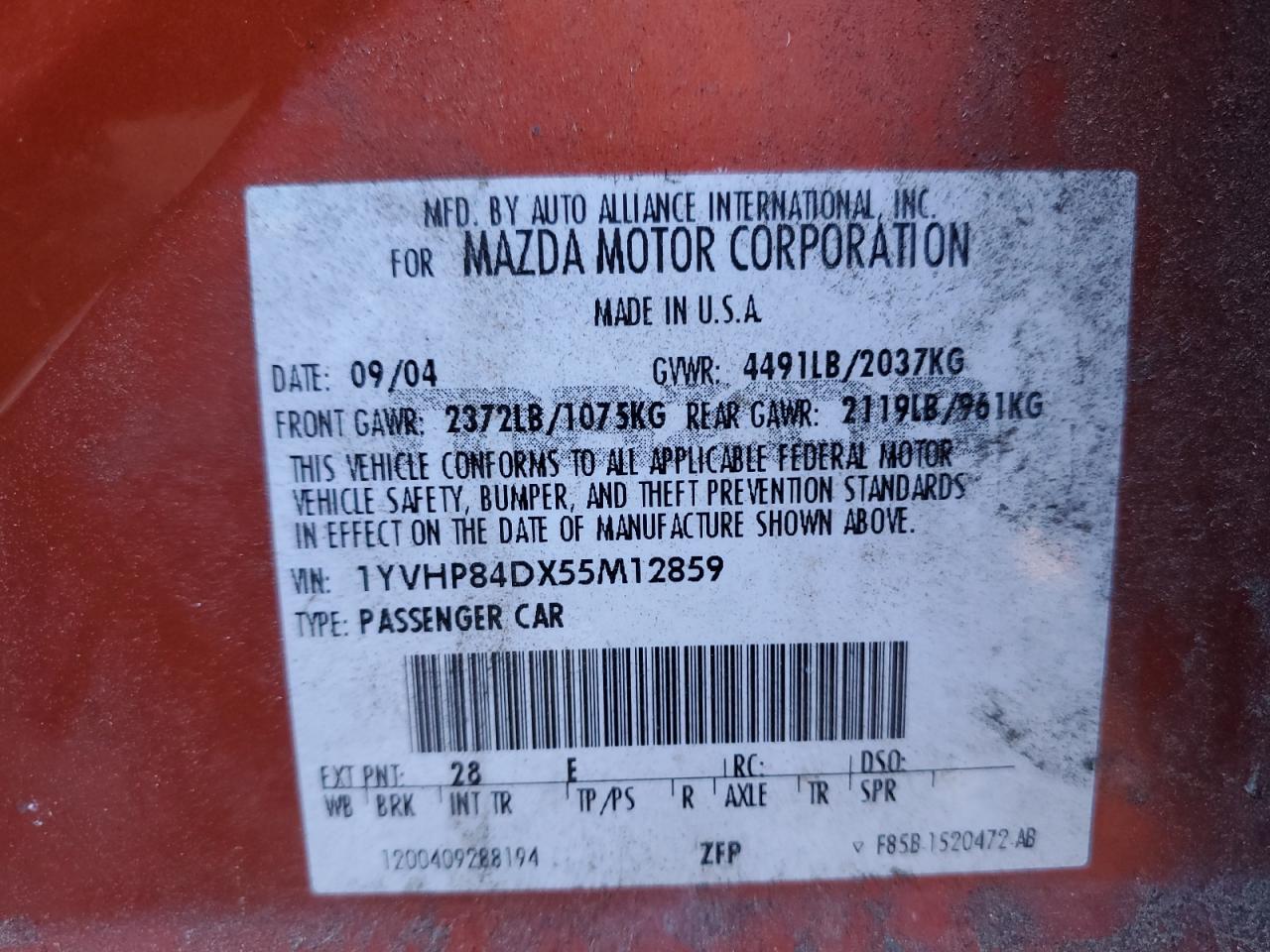 2005 Mazda 6 S VIN: 1YVHP84DX55M12859 Lot: 46340365