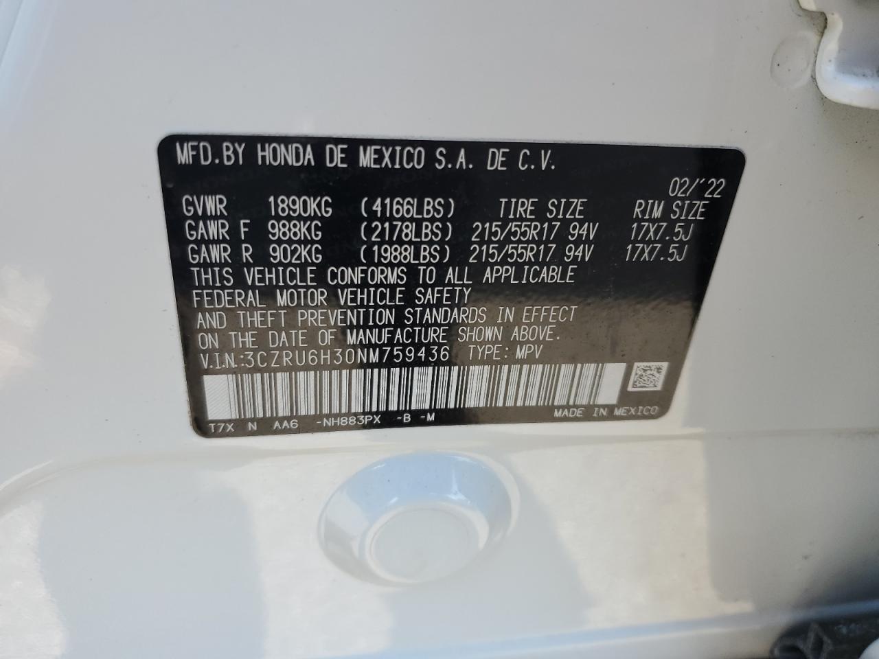 2022 Honda Hr-V Lx VIN: 3CZRU6H30NM759436 Lot: 42972575