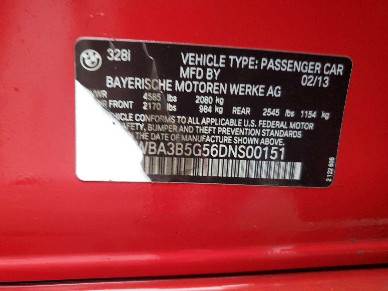 2013 BMW 328 Xi Sulev VIN: WBA3B5G56DNS00151 Lot: 44895885