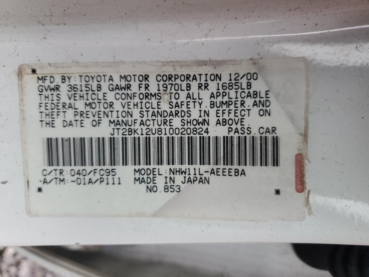 2001 Toyota Prius VIN: JT2BK12U810020824 Lot: 44278895