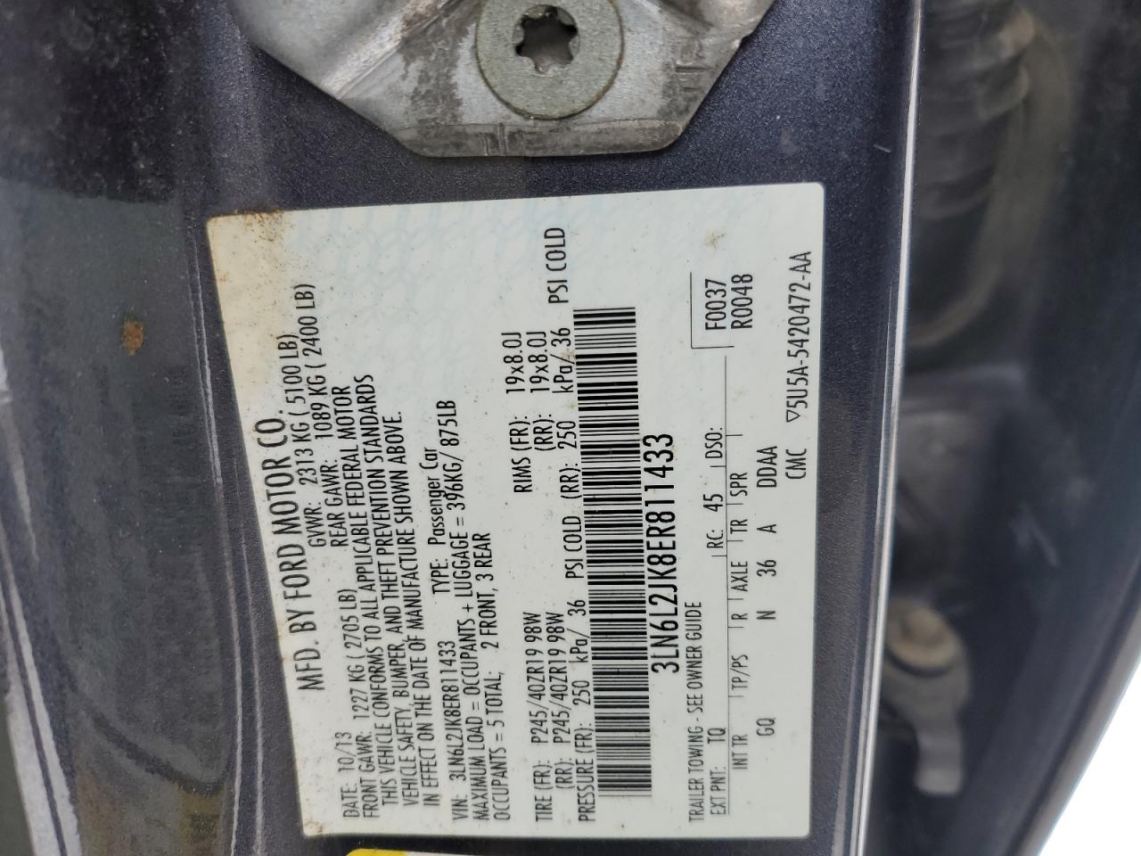 2014 Lincoln Mkz VIN: 3LN6L2JK8ER811433 Lot: 46079325