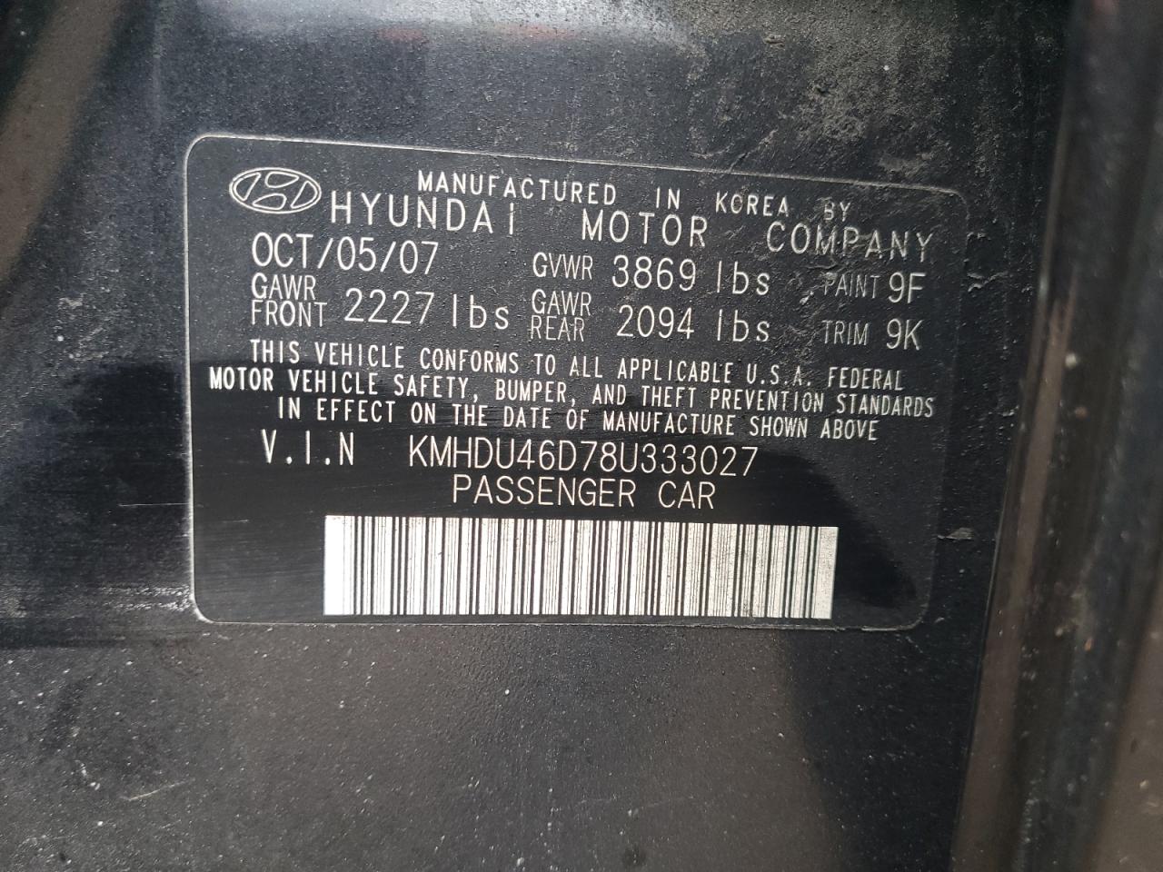 2008 Hyundai Elantra Gls VIN: KMHDU46D78U333027 Lot: 44916745