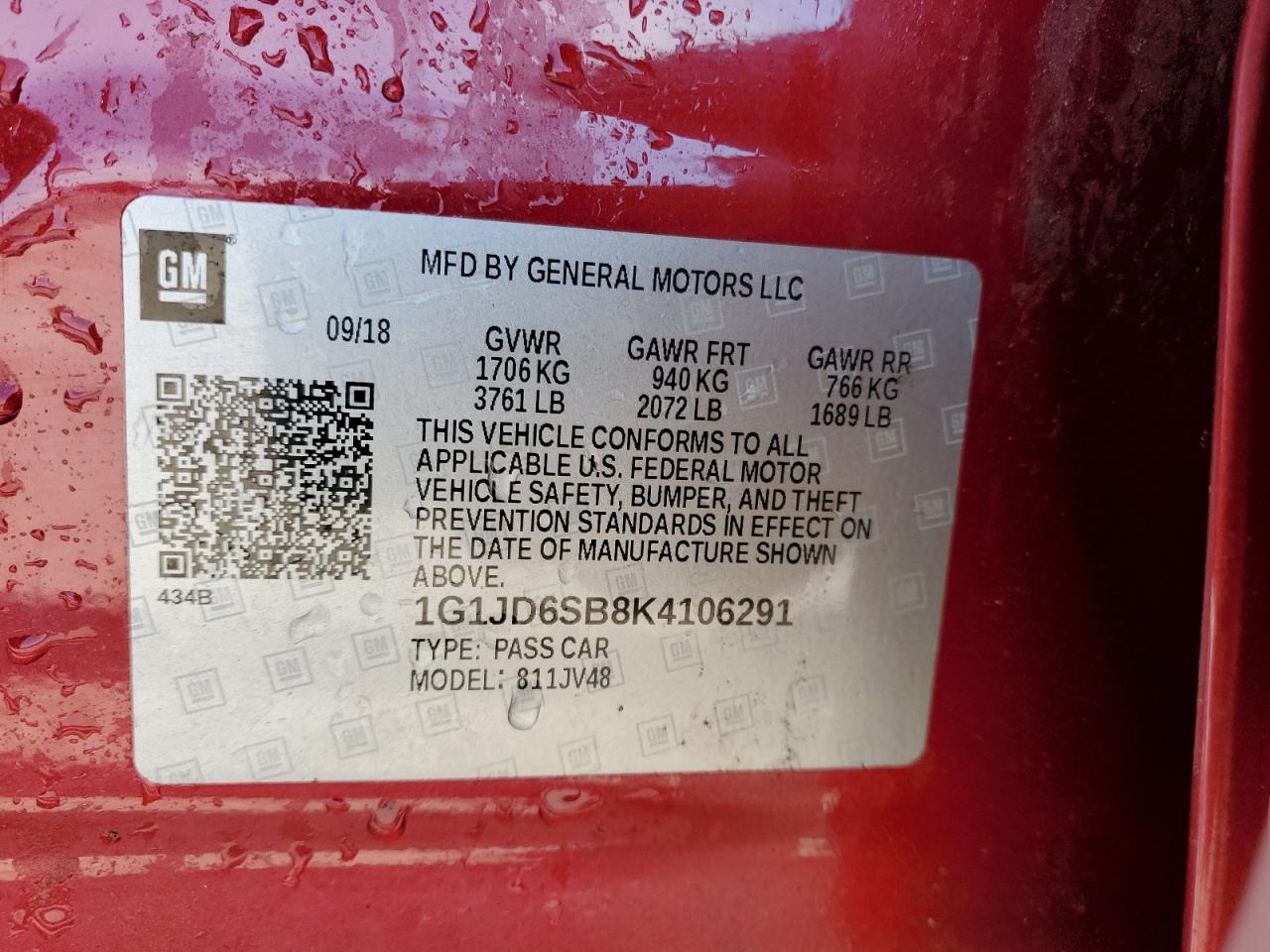 2019 Chevrolet Sonic Lt VIN: 1G1JD6SB8K4106291 Lot: 46584805