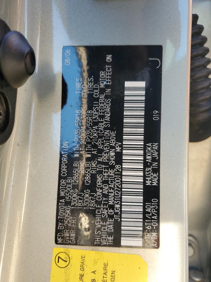 2007 Lexus Rx 400H VIN: JTJGW31U272001128 Lot: 46721265