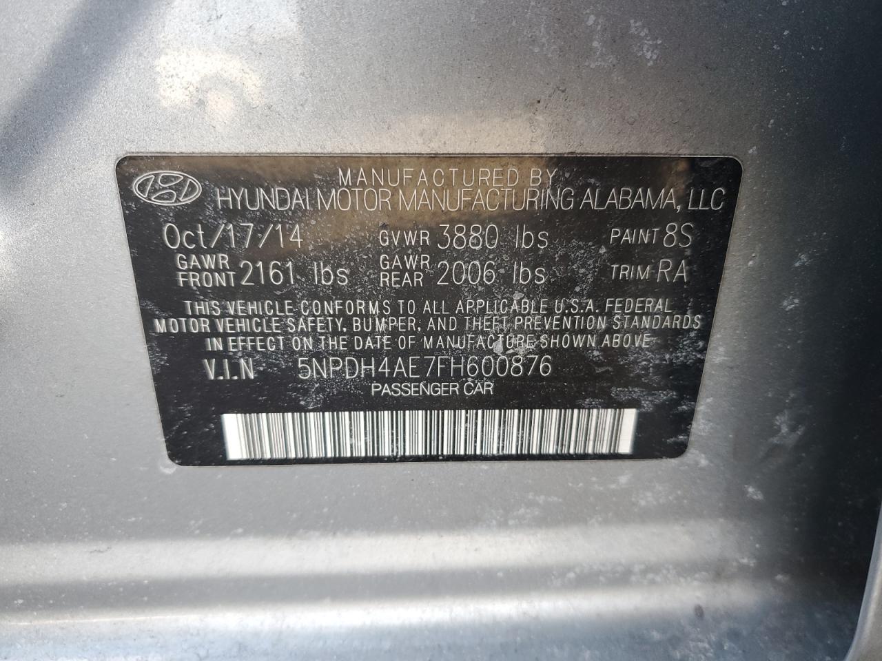 2015 Hyundai Elantra Se VIN: 5NPDH4AE7FH600876 Lot: 43415215