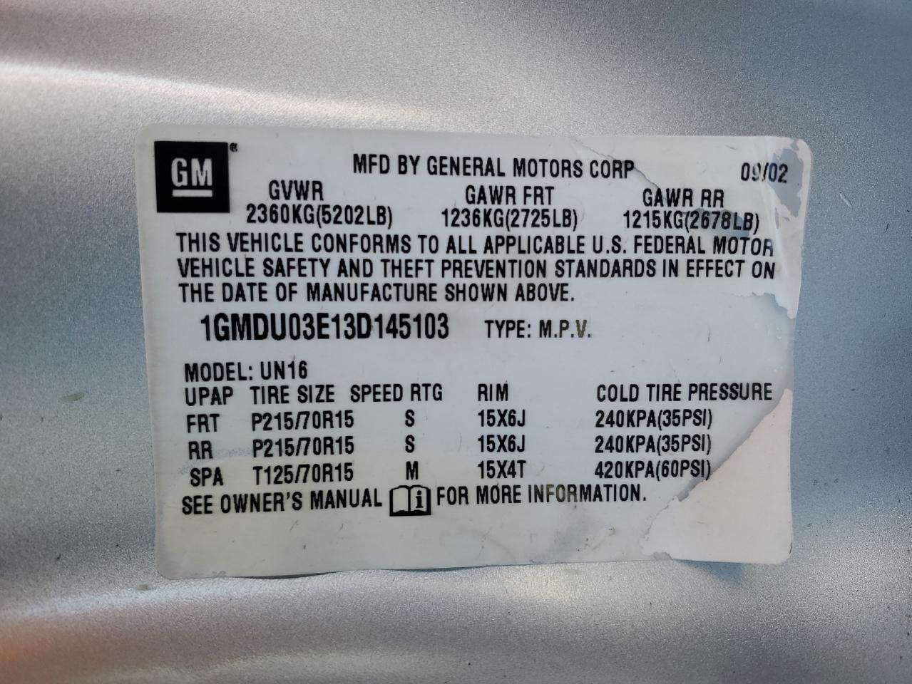 2003 Pontiac Montana VIN: 1GMDU03E13D145103 Lot: 45333645