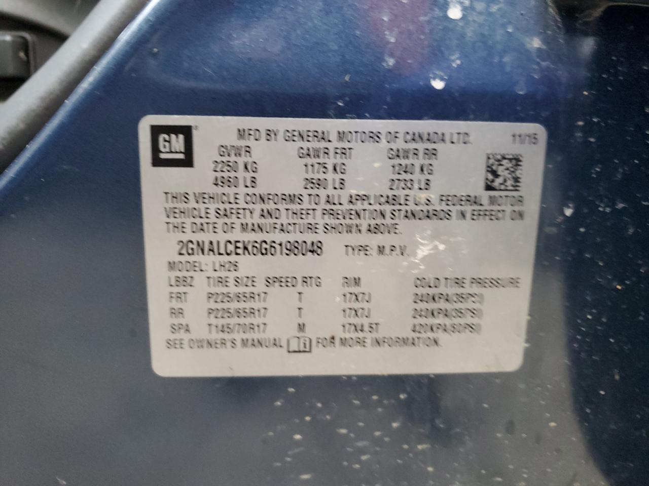 2016 Chevrolet Equinox Lt VIN: 2GNALCEK6G6198048 Lot: 44713725