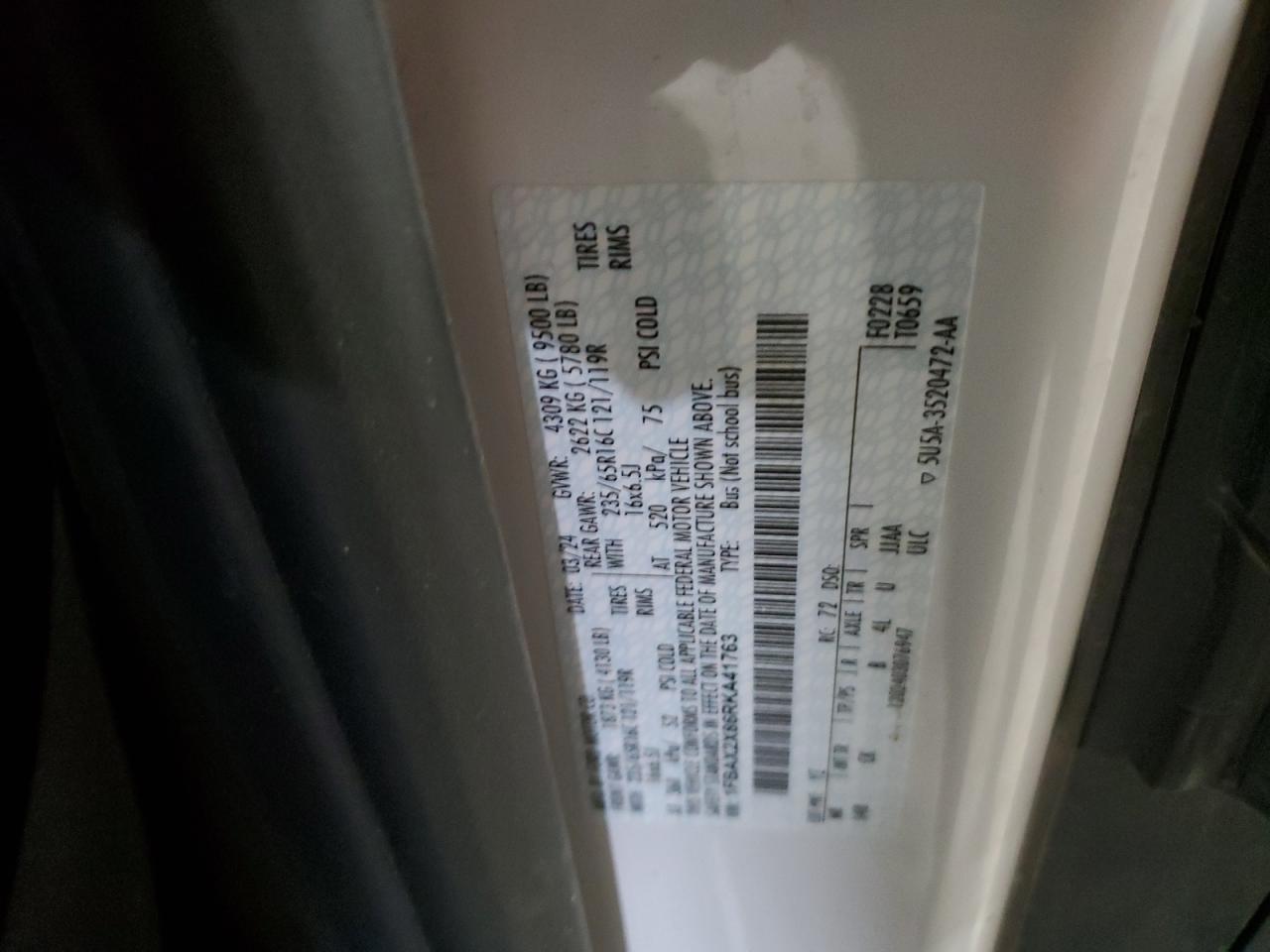 2024 Ford Transit T- VIN: 0LDL0TX86RKA41763 Lot: 44063625