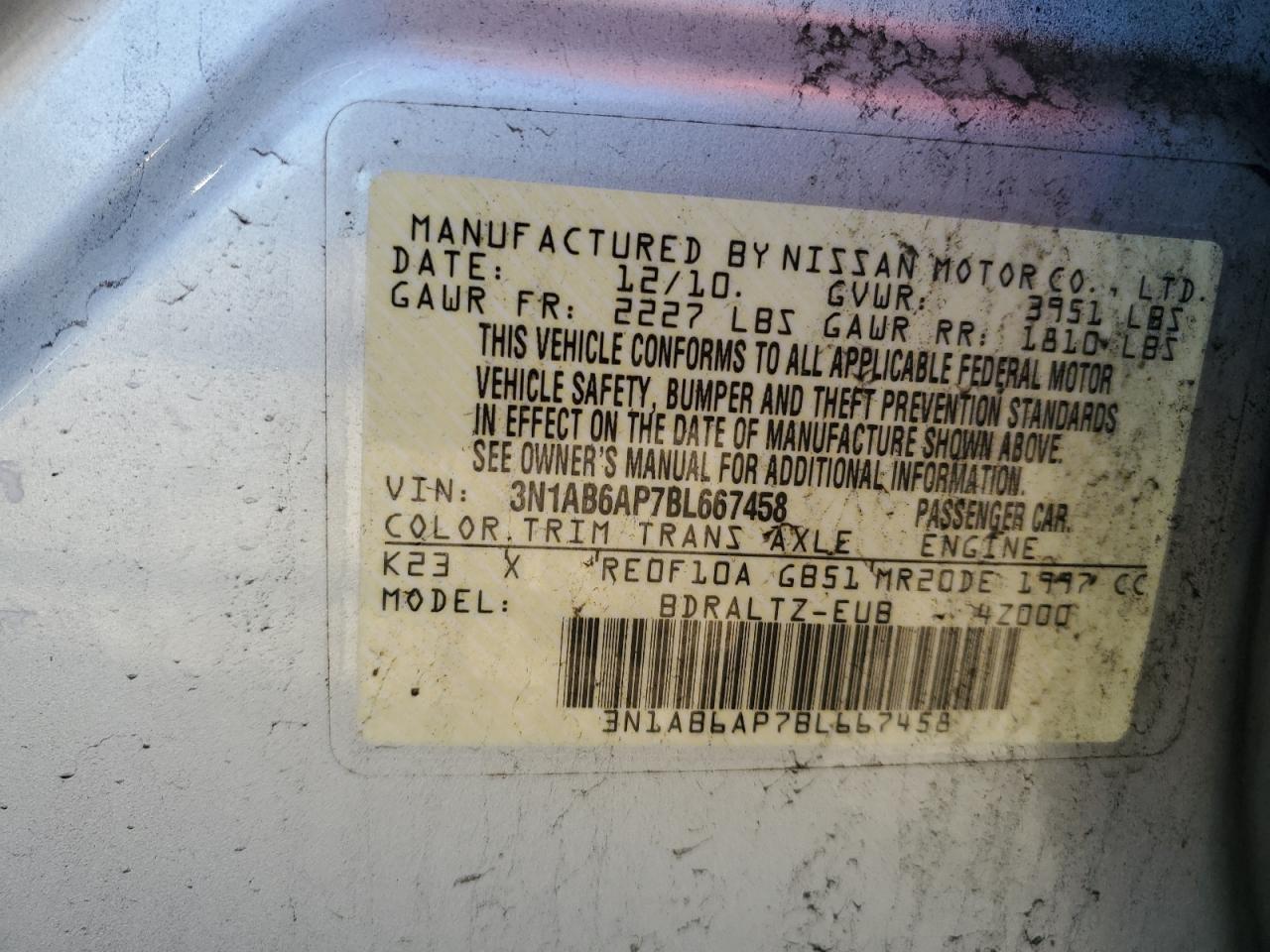 2011 Nissan Sentra 2.0 VIN: 3N1AB6AP7BL667458 Lot: 45988465