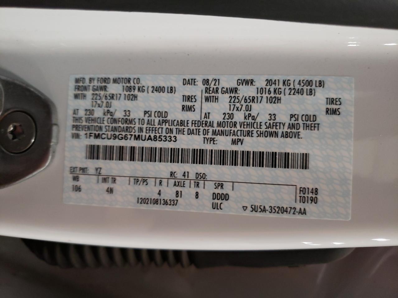 2021 Ford Escape Se VIN: 1FMCU9G67MUA85333 Lot: 45389195