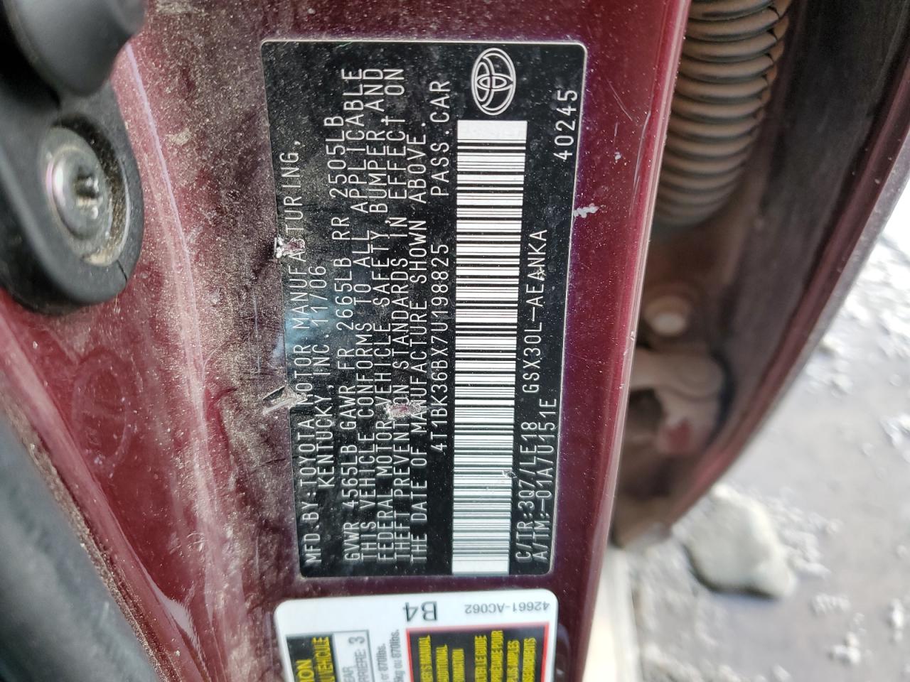 2007 Toyota Avalon Xl VIN: 4T1BK36BX7U198825 Lot: 46775745