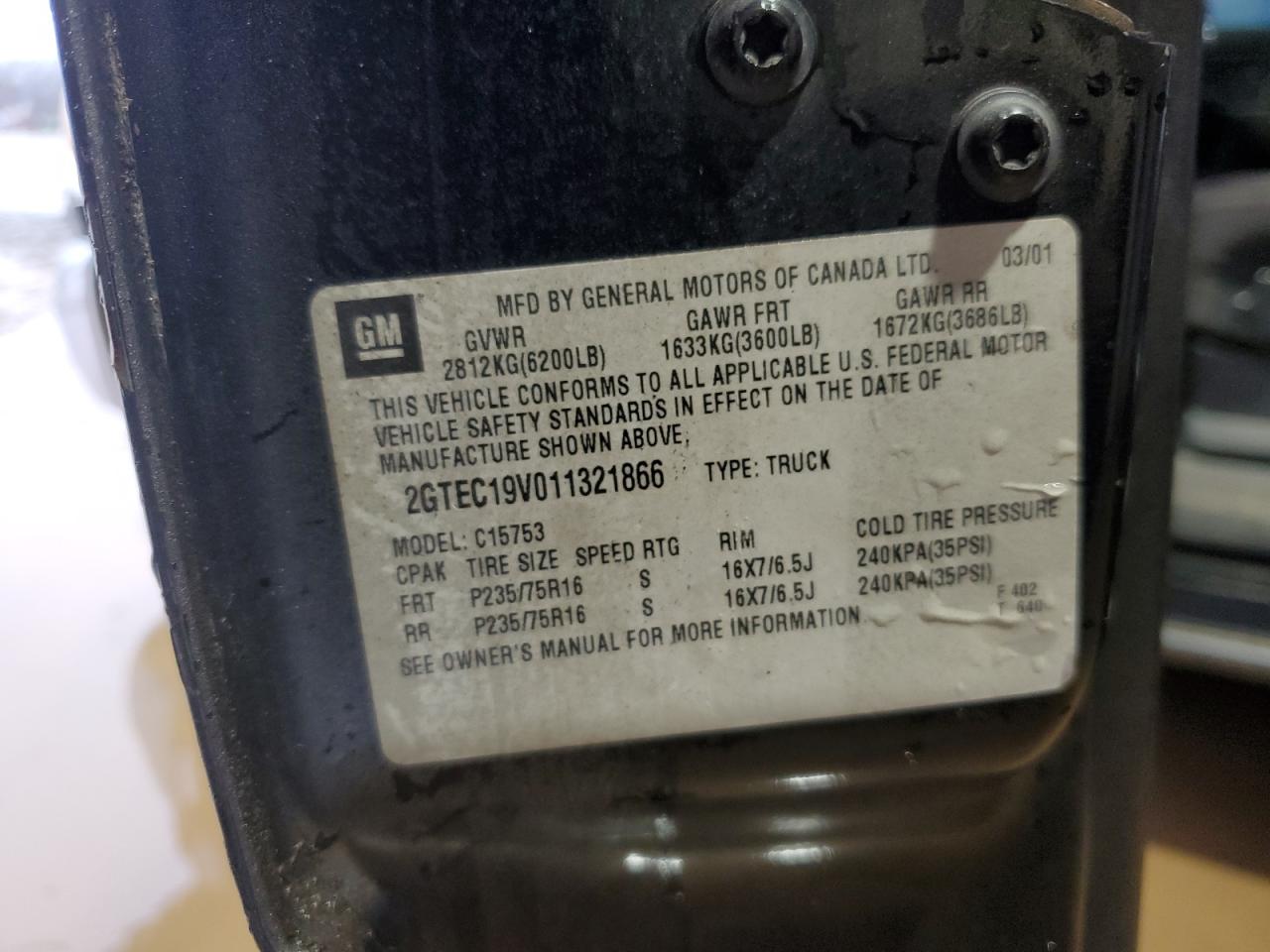 2001 GMC New Sierra C1500 VIN: 2GTEC19V011321866 Lot: 45039665