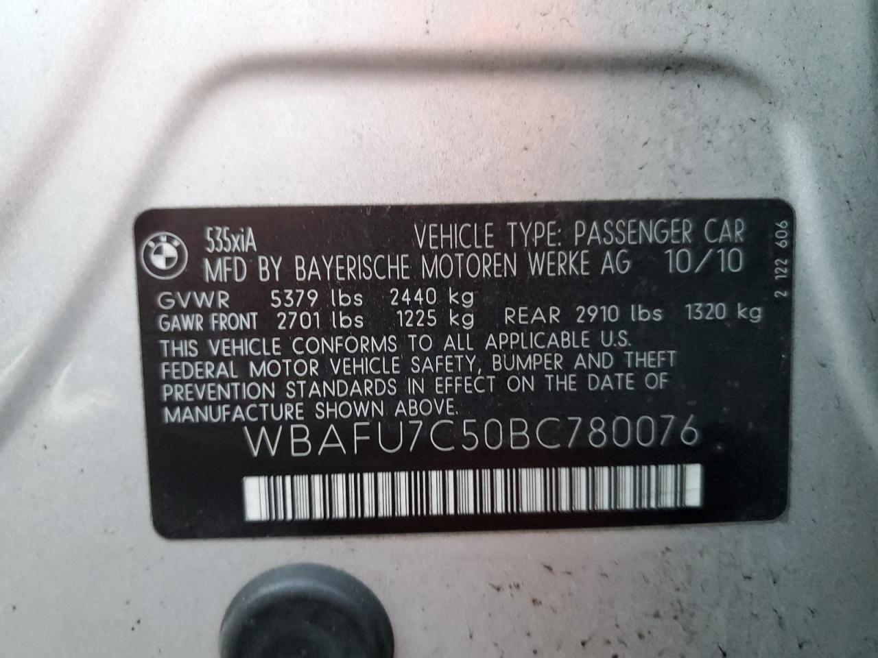 2011 BMW 535 Xi VIN: WBAFU7C50BC780076 Lot: 87393024