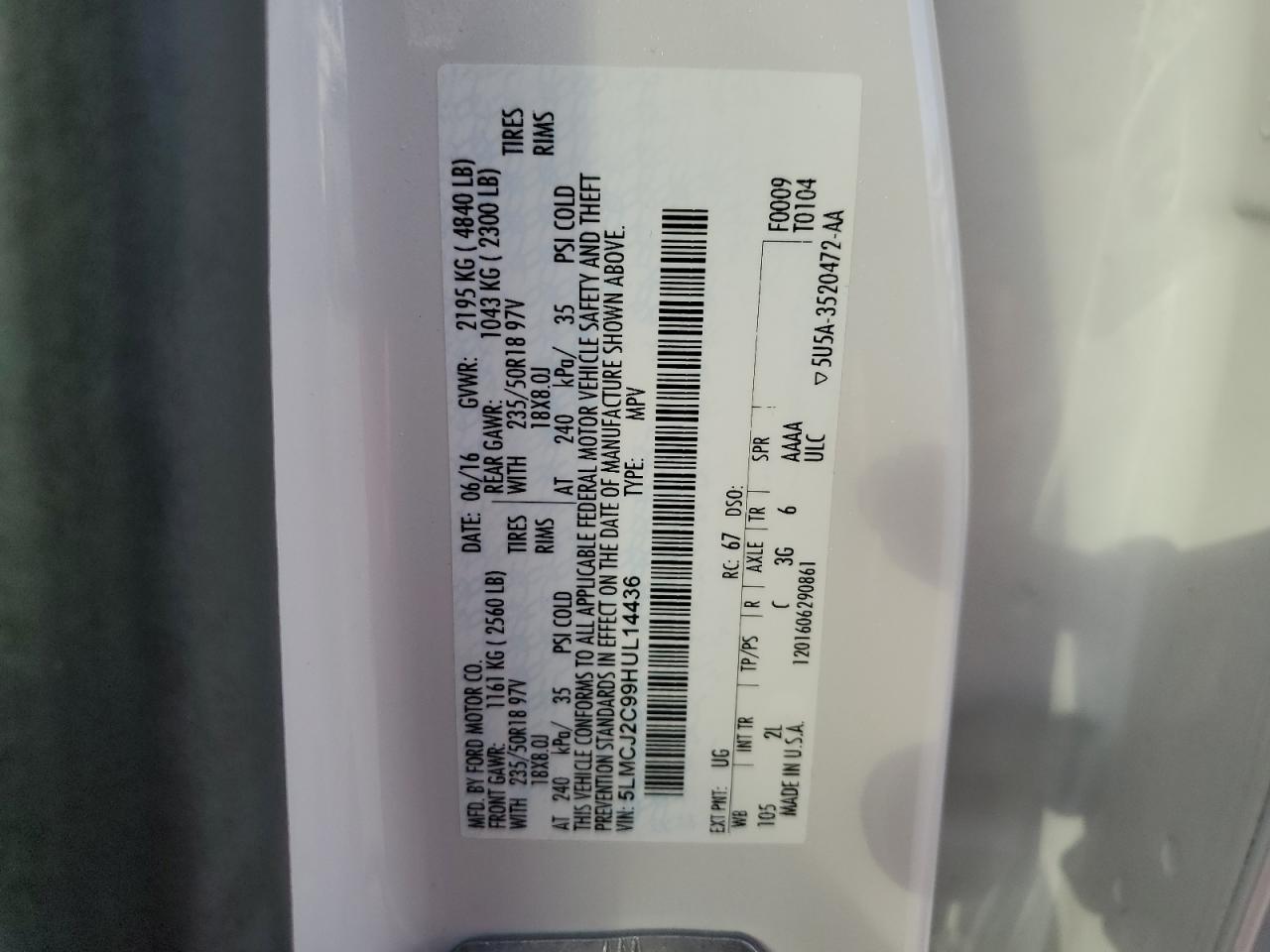 2017 Lincoln Mkc Select VIN: 5LMCJ2C99HUL14436 Lot: 46438405