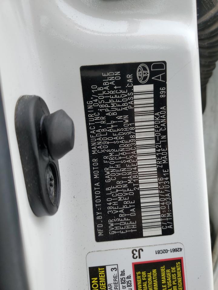 2010 Toyota Corolla Base VIN: 2T1BU4EE2AC398781 Lot: 45538665