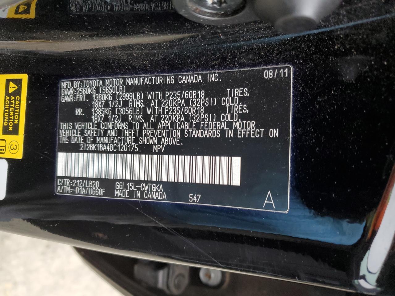 2011 Lexus Rx 350 VIN: 2T2BK1BA4BC120175 Lot: 46922485