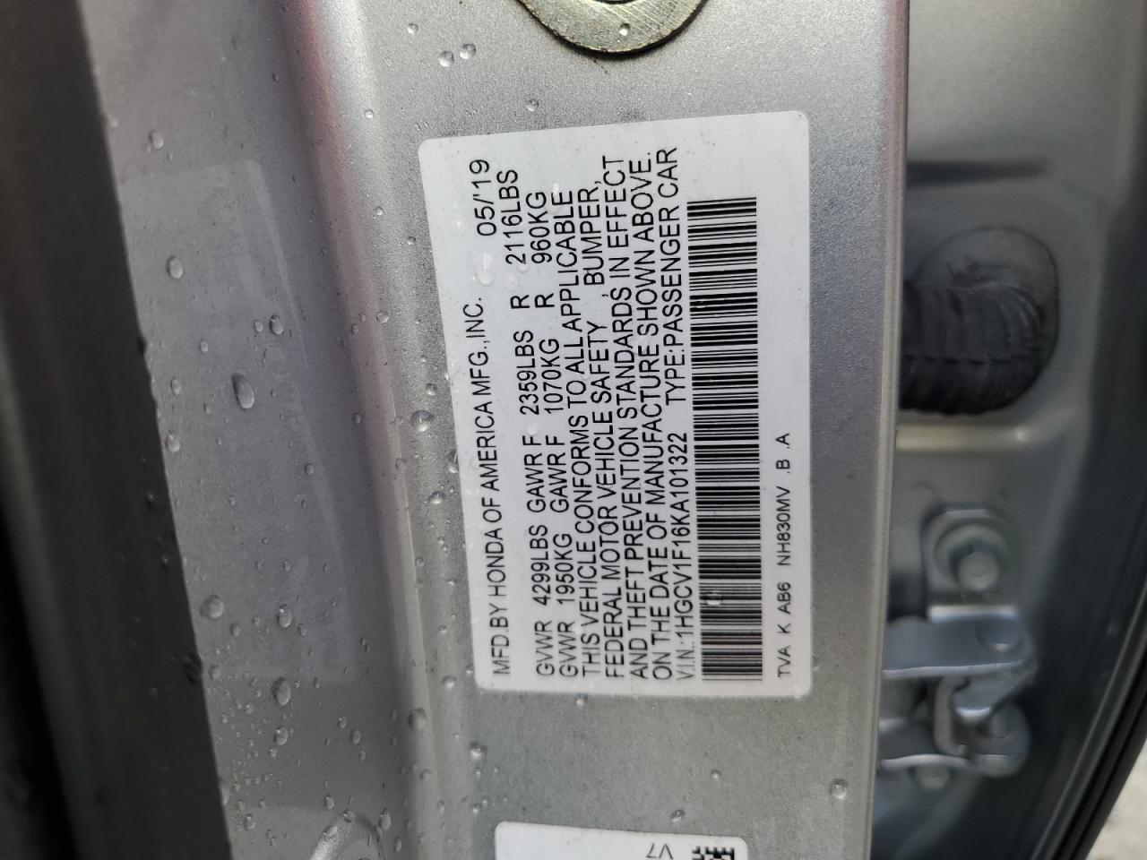 VIN: 1HGCV1F16KA101322 2019 HONDA ACCORD