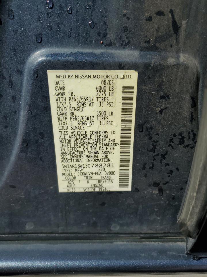 2005 Nissan Pathfinder Le VIN: 5N1AR18W15C788281 Lot: 46856205