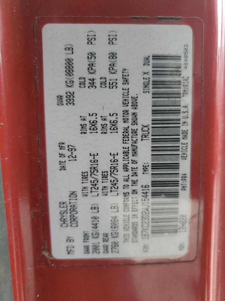 1998 Dodge Ram 2500 VIN: 1B7KC23D2WJ154416 Lot: 86781385